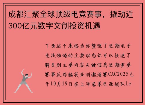 成都汇聚全球顶级电竞赛事，撬动近300亿元数字文创投资机遇